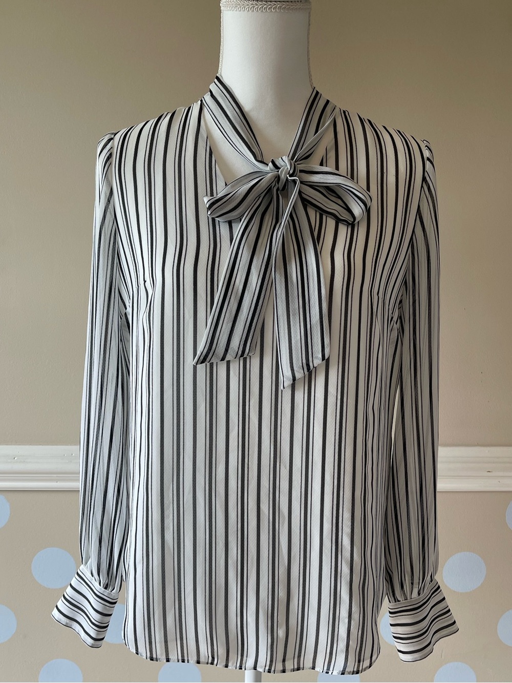 White House Black Market Black & White Vertical Stripe Tie-Neck Blouse